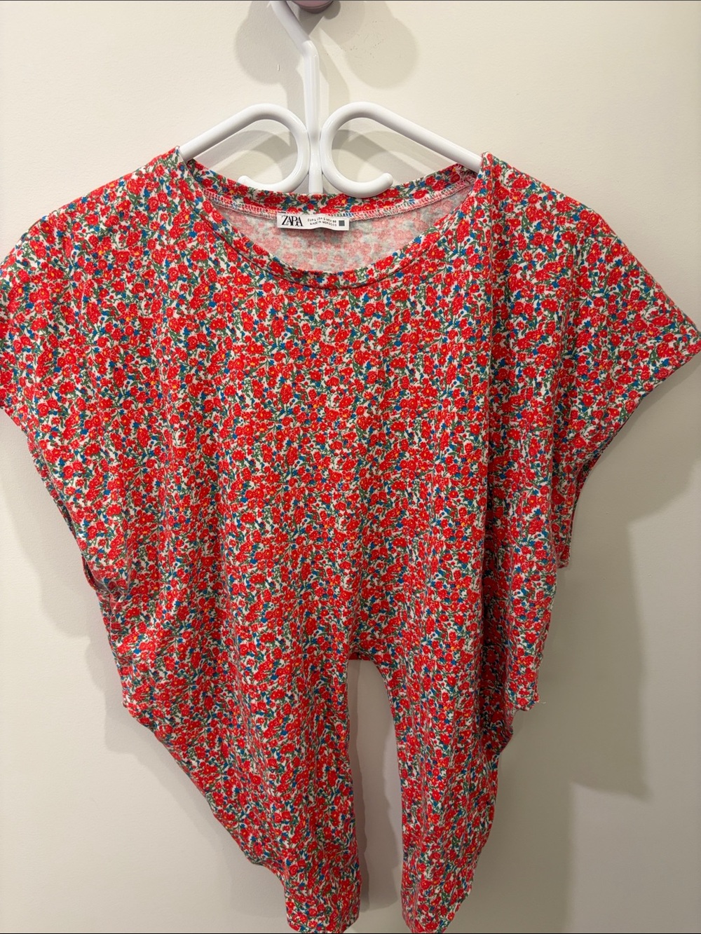 Zara Red Floral Short Sleeve Tee with Teal and White Accents